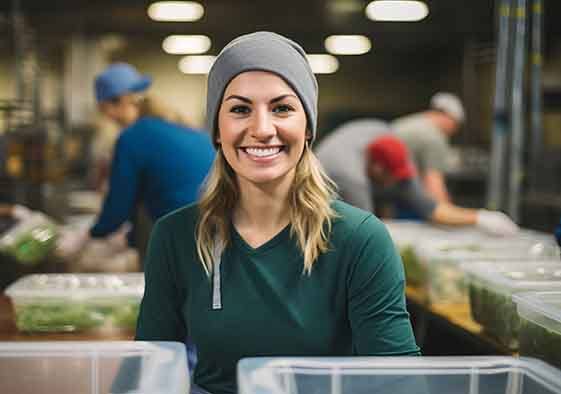 Woman in beanie smiling in kitchen